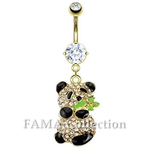 Cute FAMA CZ Paved Panda Holding Bamboo Dangle 14kt Gold Plated Belly Navel Ring
