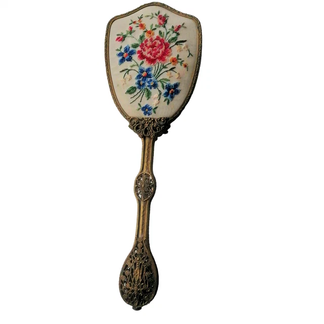 Vintage Embroidered Filigree Metal Hand Nylon Brush Vanity Dressing Table