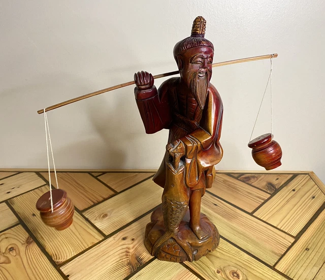 Hand Carved Wood Chinese/ Japanese Oriental Fisherman Figurine Rosewood?/Redwood