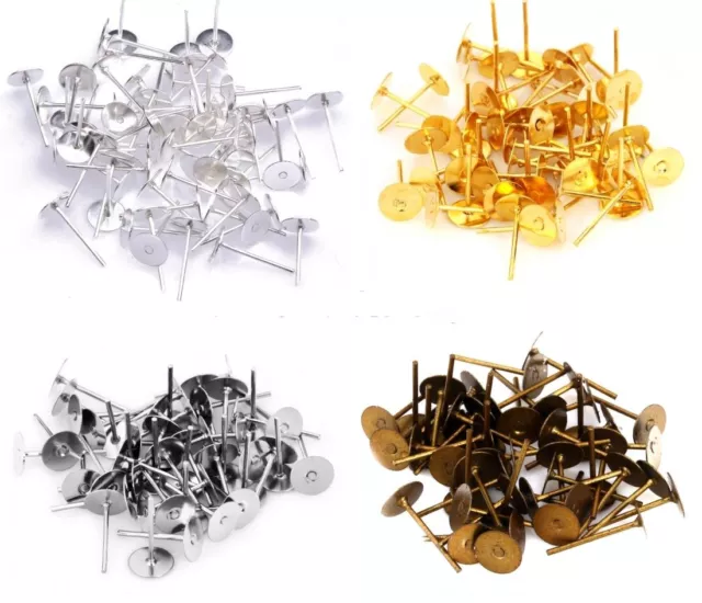 100pcs 6mm Flat Pad Stud Earring Post Peg Pin DIY Making Findings-4 Colors Pick