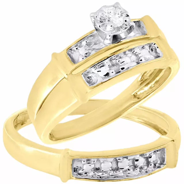 10K Yellow Gold Diamond Mens Ladies Engagement Ring Wedding Band Trio Set .10 Ct