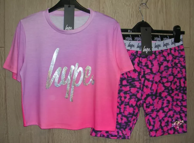 Hype New Girls Pink Animal Print Cycle Shorts Leggings T-Shirt Top Outfit Age 14