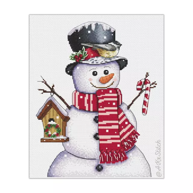 Snowman Cross Stitch Kit, DMC Threads, Aida, Printed Pattern Chart, Christmas Xm