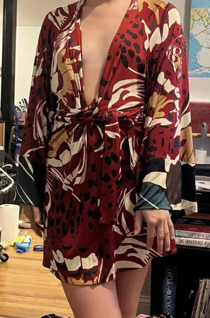 Rare Issa London Printed Long Sleeved Dress, Size 8, Kimono Sleeves, Red, Sexy