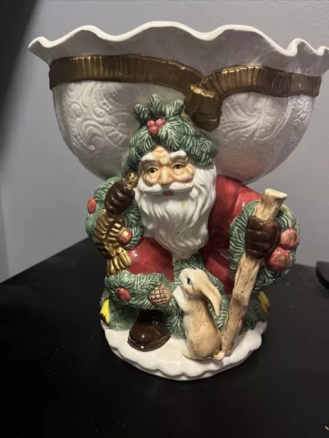 1991 Fitz & Floyd Woodland Santa Compote Pedestal Bowl 9.5" high in Original Box