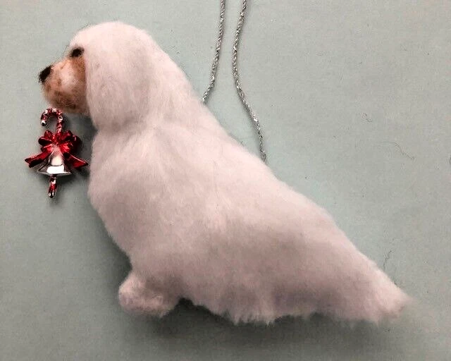 CLUMBER SPANIEL with CANDY CANE / BELL decoration  -  PART NEEDLE FELTED DOG,,
