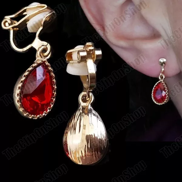 CLIP ON small mini teardrop GOLD&RED AUSTRIAN CRYSTAL non-pierced EARRINGS drop