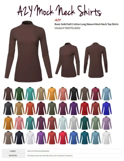 Basic Solid Soft Cotton Long Sleeve Mock Neck Top Shirts