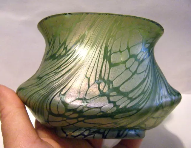 Kralik Antique 1900s Art Nouveau Bohemian Czech Green Iridescent Art Glass Vase