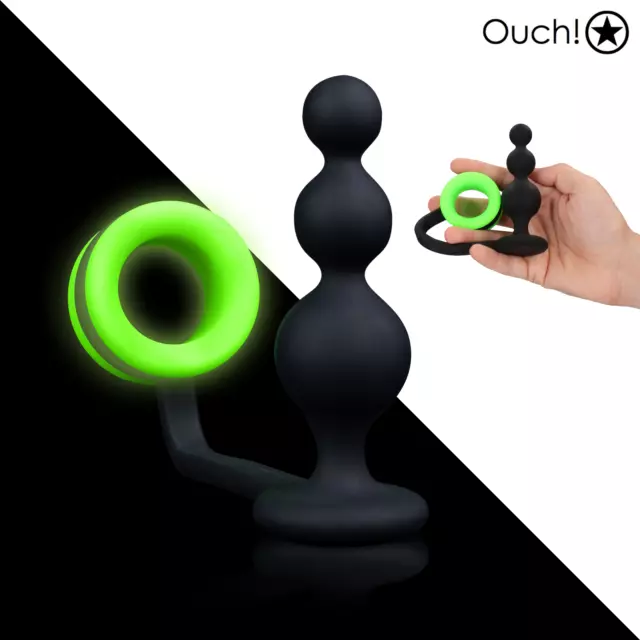 Ouch Glow in the Dark Beads Butt Plug with Cock Ring Neon Green & Black Silicone