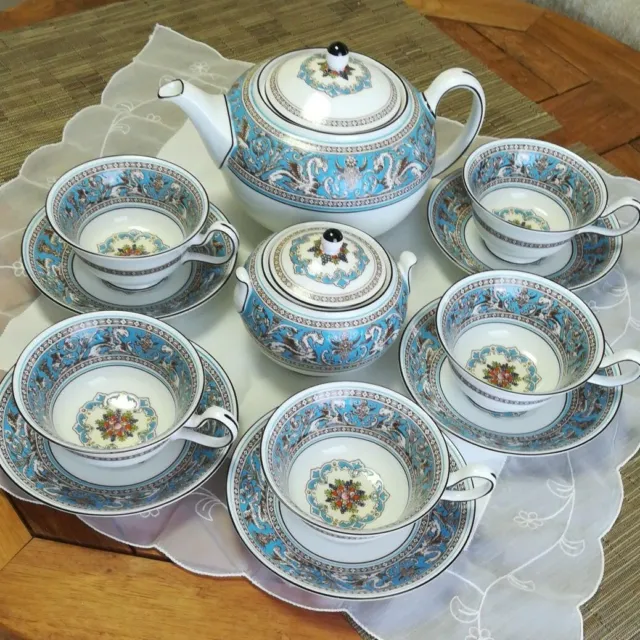 Wedgwood Florentine Turquoise Tea Pot Sugar Pot Cup Saucer 12 Set