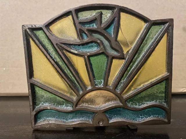 Vintage Cast Iron Sunset Sunrise Bird Napkin Holder Stained Glass Multicolor