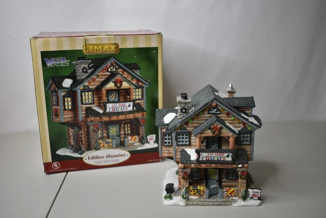 2001 Lemax Log Cabin Quilts Light Up Porcelain Village Shop Vail Village 15584