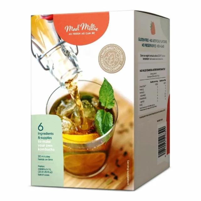 NEW MAD MILLIE KOMBUCHA KIT Live Scoby Culture Tea Fizzy Drink 1 LITRE