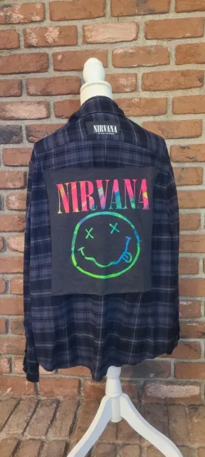 Nirvana rock band logo on upcycled flannel.  Custom-made for YOU!!