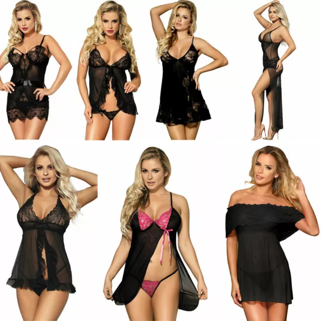 Subblime Chemise nero floreale S/M L/XL | Babydoll Camicia da notte Sexy Pizzo