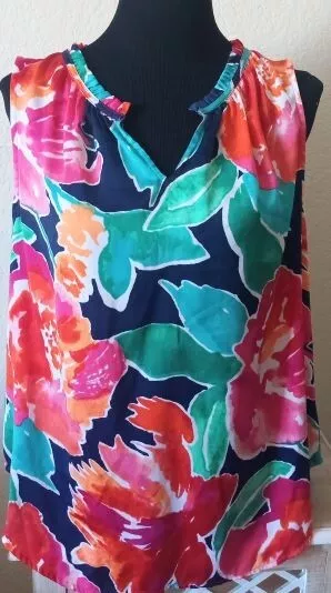 Liz Claiborne Blouse Womens PXL Blue Floral Sleeveless Split Neck Career Top