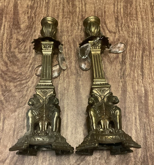 Antique PAIR Cast Metal Gold Ornate Winged Lions Candlesticks 10-1/2” Prisms