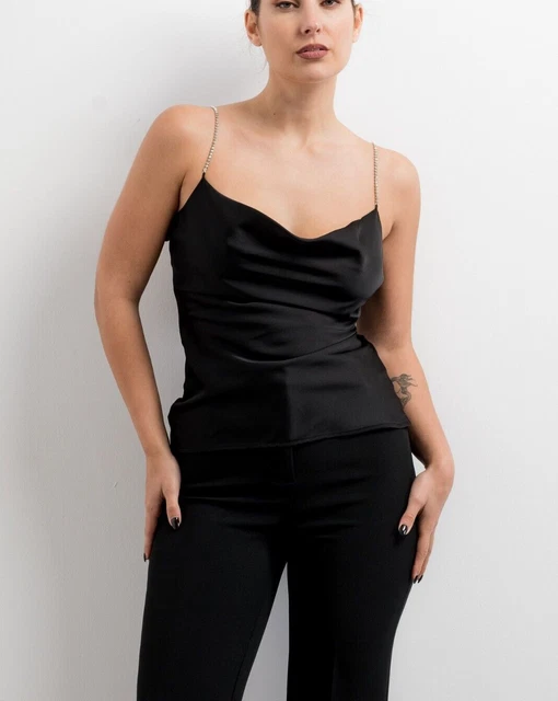 Camicia donna elegante vintage top sexy sottogiacca blusa seta slim nera da L