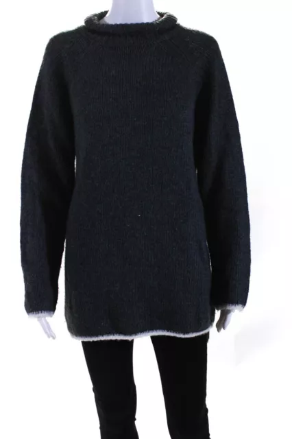 Joan Vass Womens Striped Hem Textured Long Sleeve Turtleneck Sweater Gray Size M