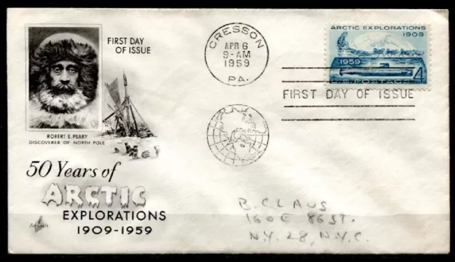 50J. der Nordpolfahrt von Robert Edwin Peary. Hundeschlitten. FDC-Brief.USA 1959