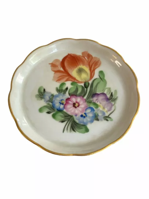Vintage Herend Hungary Flower Hand Painted Round Scalloped Small Trinket Dish