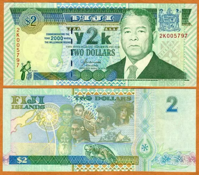 FIJI, $2 dollars, 2000, Y2K issue, P-102, UNC Commemorative Millennial