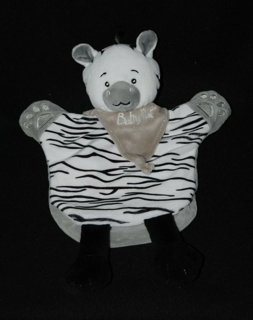 Doudou marionnette savane zèbre BABY'NAT blanc noir gris foulard NEUF