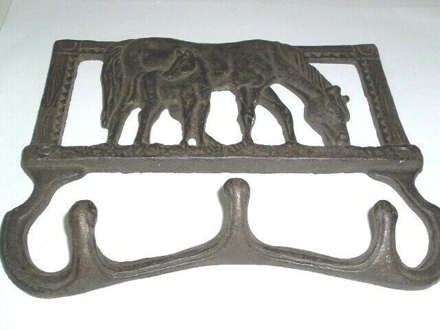 Vintage Black Cast Iron HORSE Mare and Colt Towel Coat Hooks Wall Hanger