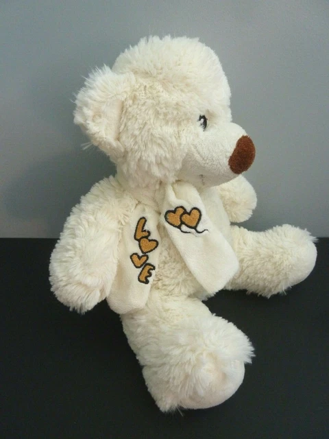 B6- DOUDOU PELUCHE OURS ZEEMAN BLANC ECHARPE LOVE COEUR NEZ MARRON 35cm NEUF *