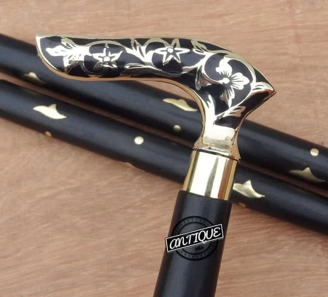 Brass Handle Victorian Telescope Foldable Wooden Walking Stick Black Victorian