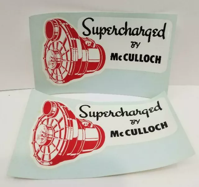 PAIR VINTAGE DECALS Mc CULLOCH SUPERCHARGER HOT ROD DRAG RACING FLATHEAD SCTA