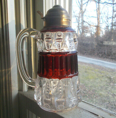 1890 Ruby Stained Torpedo Pressed Pattern Glass Syrup Pitcher With Brass Lid