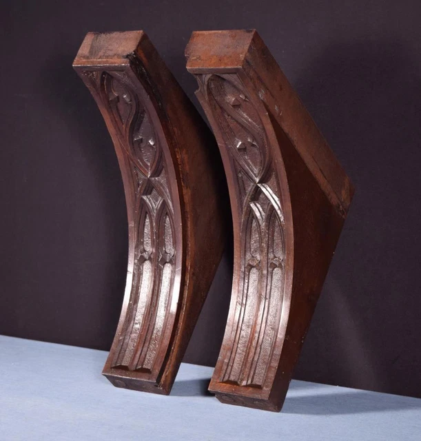 *French Antique Gothic Walnut Wood Brackets Salvage Trim Hand Carved