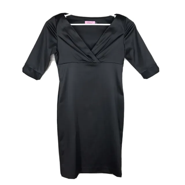 Eliza J. Women's Size 6 Short Sleeve Satin Sheath Dress Black V-Neck Cocktail