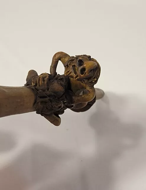 Unique Vtg Hand Carved Skull Face Snake Wooden Blue Stone Clay Erotica Pen
