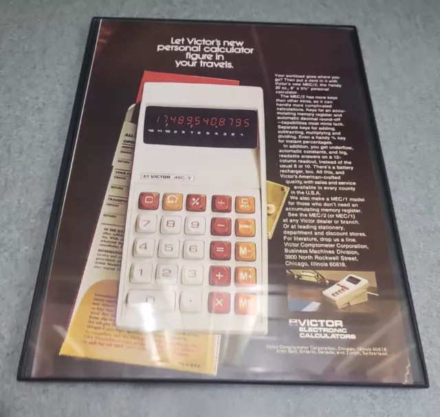 1972 vintage print ad Victor Electronic Personal Calculators Framed 8.5x11