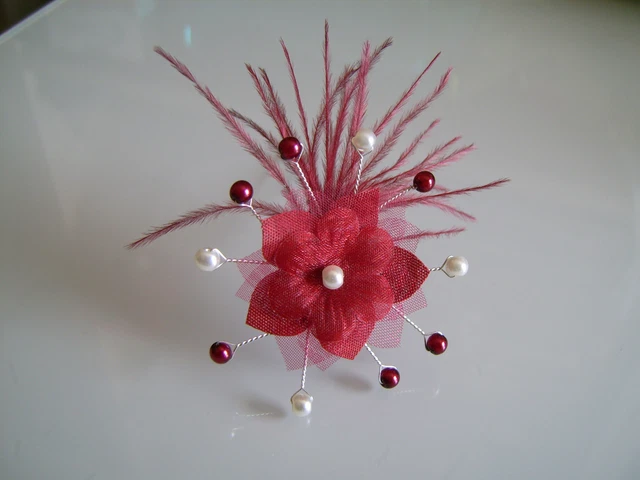 Barrette Cheveux Fleur Bordeaux & Blanc – Cérémonie, Mariage Enfant, Neuve Avec étiquettes