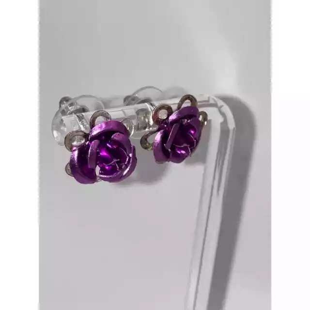 Purple Silver-Tone Metal Rose Flower Earrings! 3