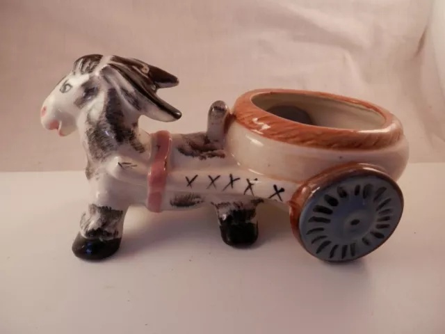 Vintage 1940's Ceramic Donkey & Round Cart Planter Occupied Japan 6" 2
