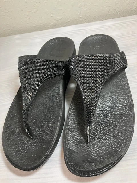 FitFlop Black Wedge Sandals Womens Size 8 Flip Flop Embellished Bling Sequins
