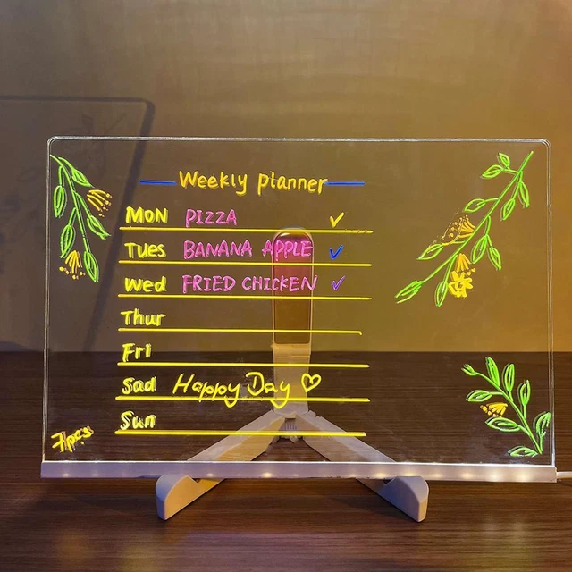 TRANSPARENT ACRYLIC DRY Erase Message Board Note Board LED Colors Up