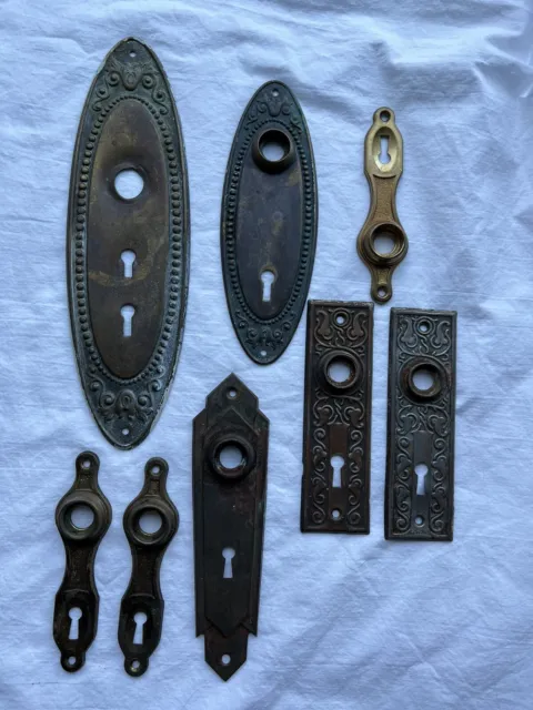 Antique vintage lot 8 keyhole cover plate escutcheon door art deco nouveau READ