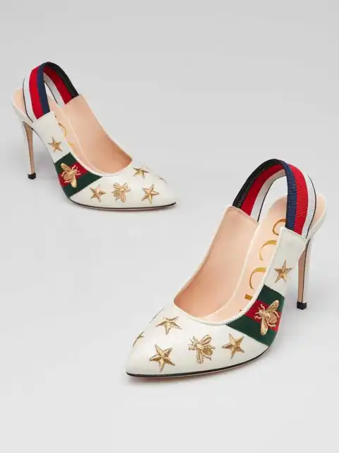 Gucci White Leather Gold Star Slingback Pumps Size 4/34.5