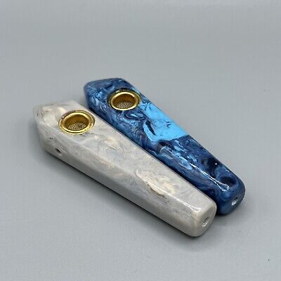 Colorful Acrylic Gem Tobacco Pipe with Metal Screen Bowl - 2PACK - Grey Blue