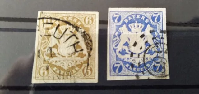 Bayern Wappen 6 Kr.  braun Mi-Nr. 20 Einkreis / 7 Kr. ultramarin 21a mit oMR 563