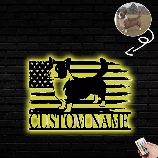 Personalized Cardigan Welsh Corgi Dog American Flag Metal Sign Led Lights Custom