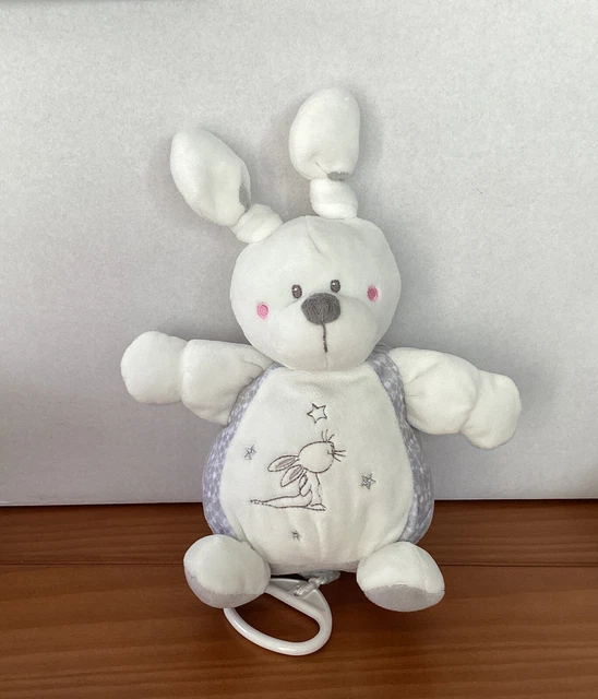 DOUDOU BOULE MUSICAL NICOTOY SIMBA LAPIN GRIS BLANC ETOILE 20/26cm ETAT NEUF
