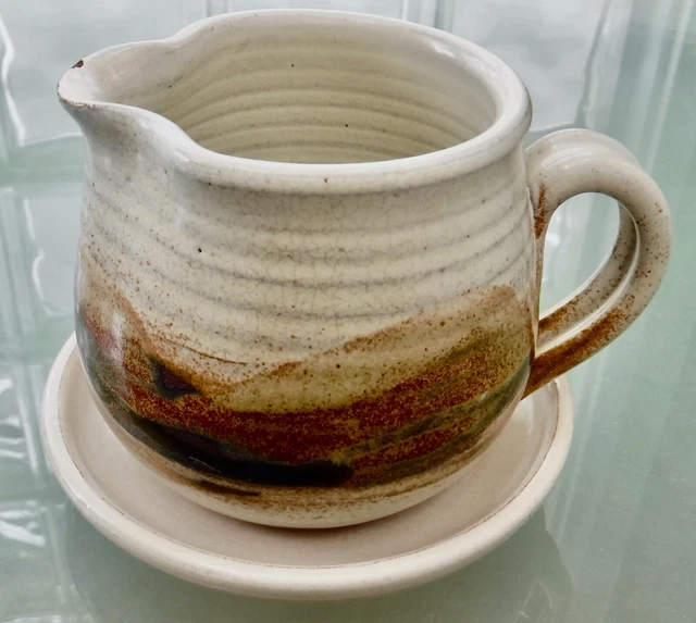 Gravy Boat Sauce Pourer & Plate Set Wheel-Thrown Signed