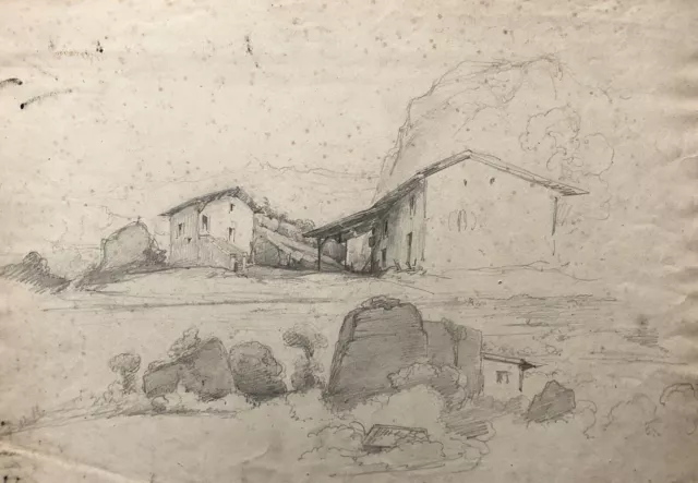 Disegno antico, fattoria in un paesaggio, miniera di piombo, XIX secolo